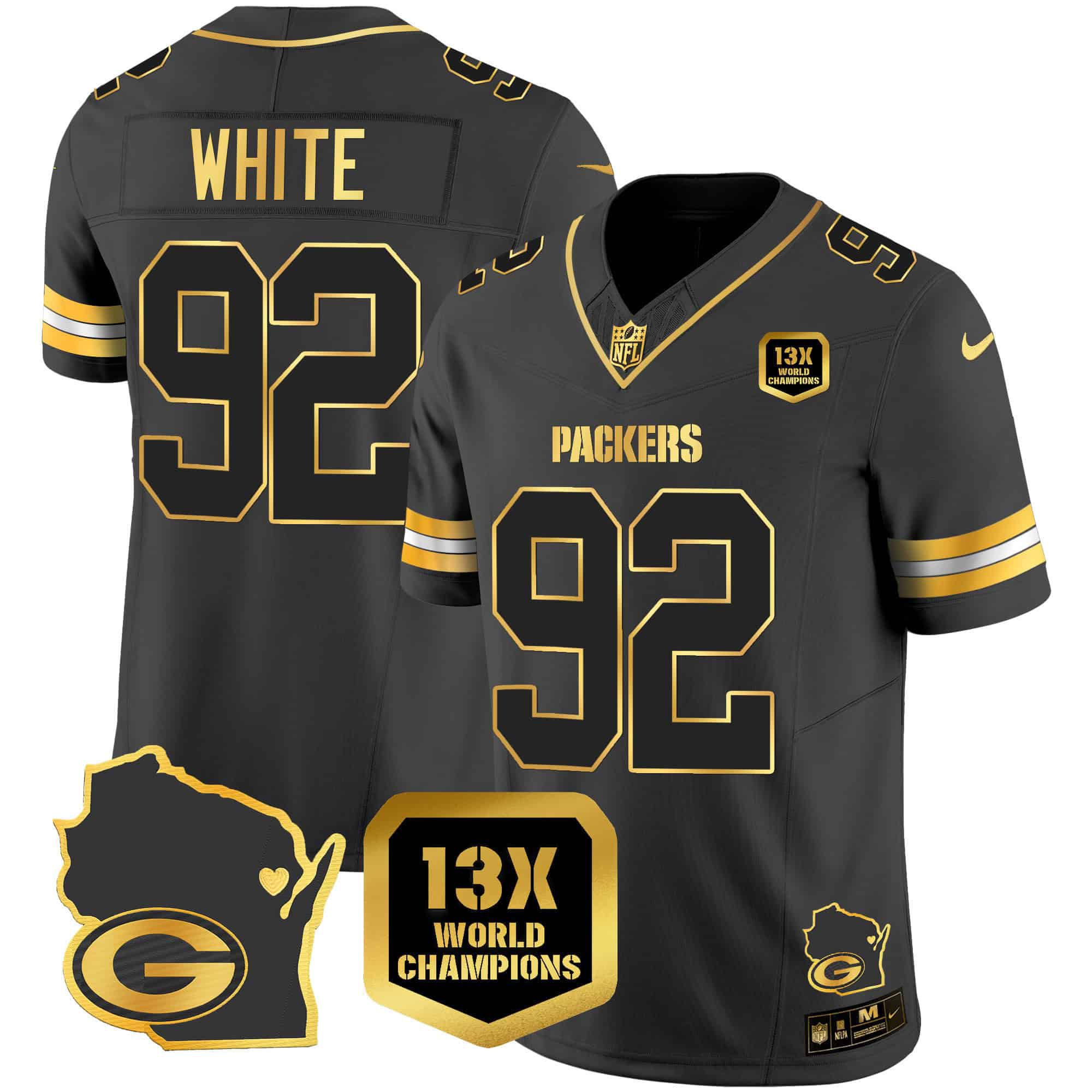Men Green Bay Packers #92 White Black Gold 2024 Nike World Champions Home Patch Vapor NFL Jersey style 2